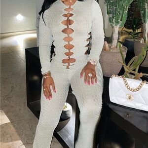 PrettyLittleThing Light Sage Green Textured Ring Detail Cutout two piece set